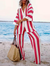 Fashion Loose V-Neck Hollow Out Striped Shirt Wide Leg Pants Set - Threadford