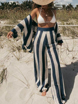 Fashion Loose V-Neck Hollow Out Striped Shirt Wide Leg Pants Set - Threadford