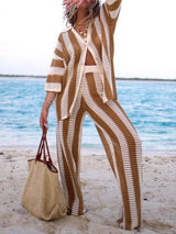 Fashion Loose V-Neck Hollow Out Striped Shirt Wide Leg Pants Set - Threadford