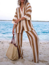 Fashion Loose V-Neck Hollow Out Striped Shirt Wide Leg Pants Set - Threadford