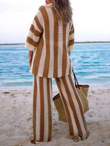 Fashion Loose V-Neck Hollow Out Striped Shirt Wide Leg Pants Set - Threadford