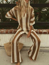 Fashion Loose V-Neck Hollow Out Striped Shirt Wide Leg Pants Set - Threadford