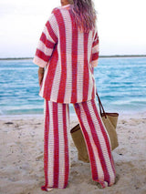 Fashion Loose V-Neck Hollow Out Striped Shirt Wide Leg Pants Set - Threadford