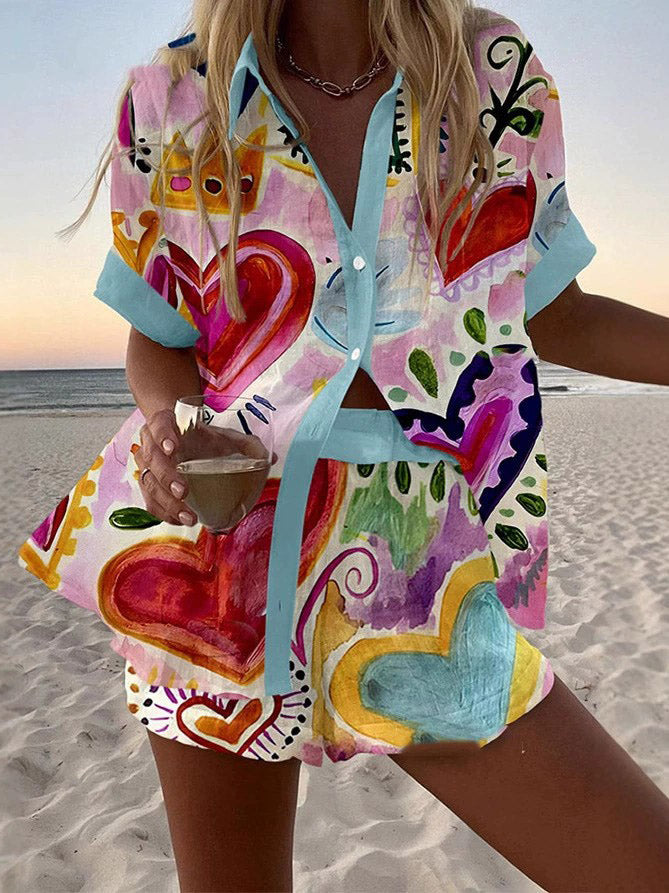 Unique Graffiti Print Lapel Short-sleeved Shirt Two-piece Set - Threadford