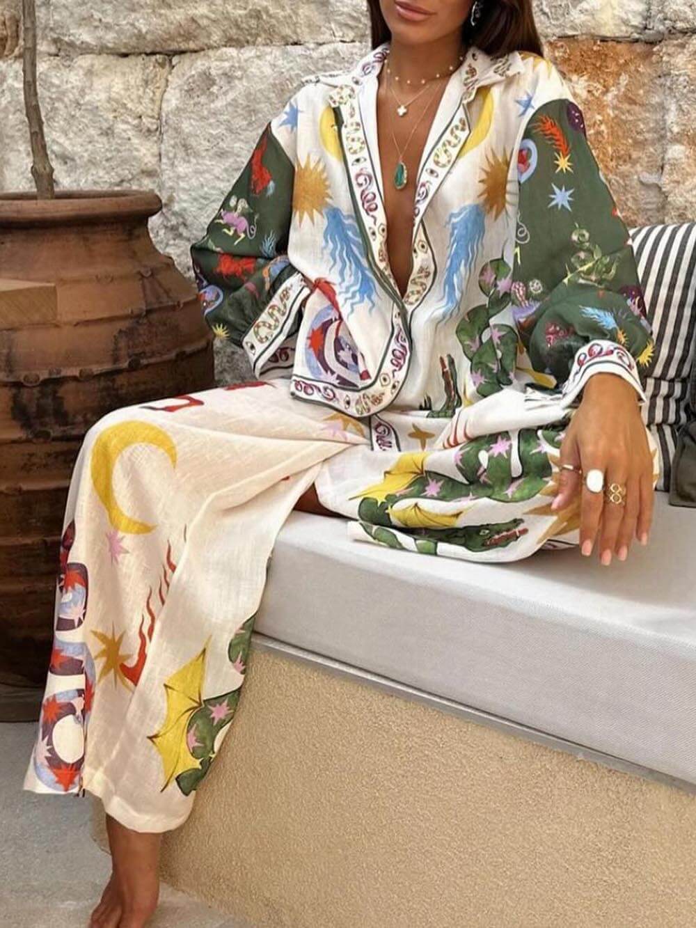 Beauty Unique Print Long Sleeve Shirt And Elastic Waist Pants Set - Threadford