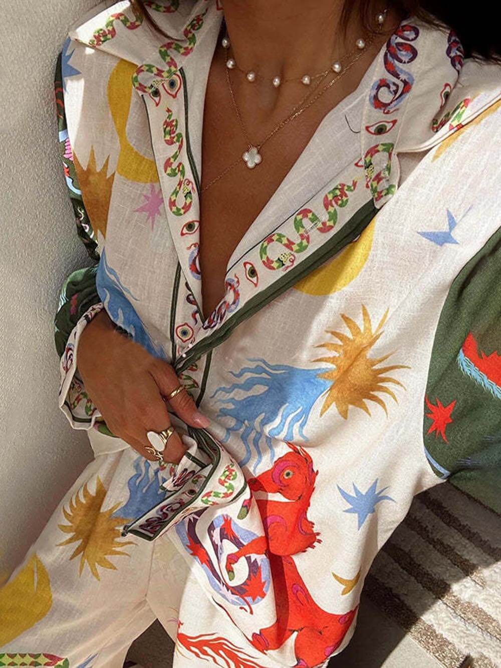 Beauty Unique Print Long Sleeve Shirt And Elastic Waist Pants Set - Threadford