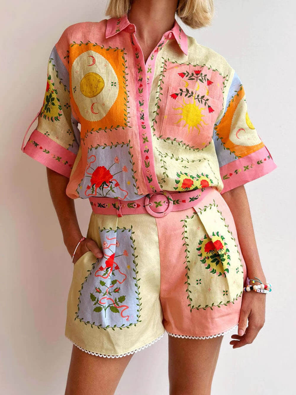 Casual Linen Unique Print Shirt And Shorts Set - Threadford