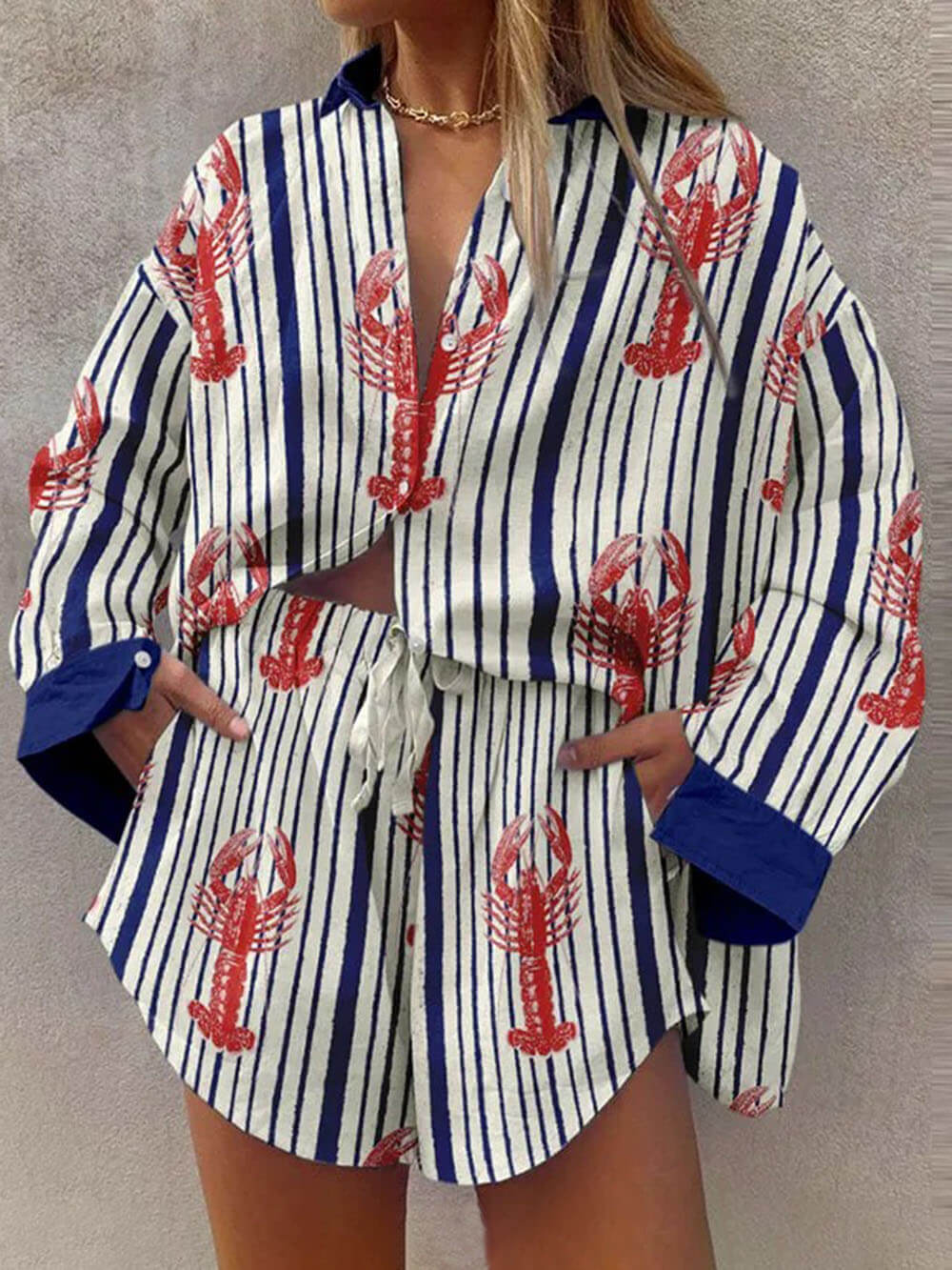 Classic Incredible Lobster Track Print Button Up Lace Up Shorts Set - Threadford