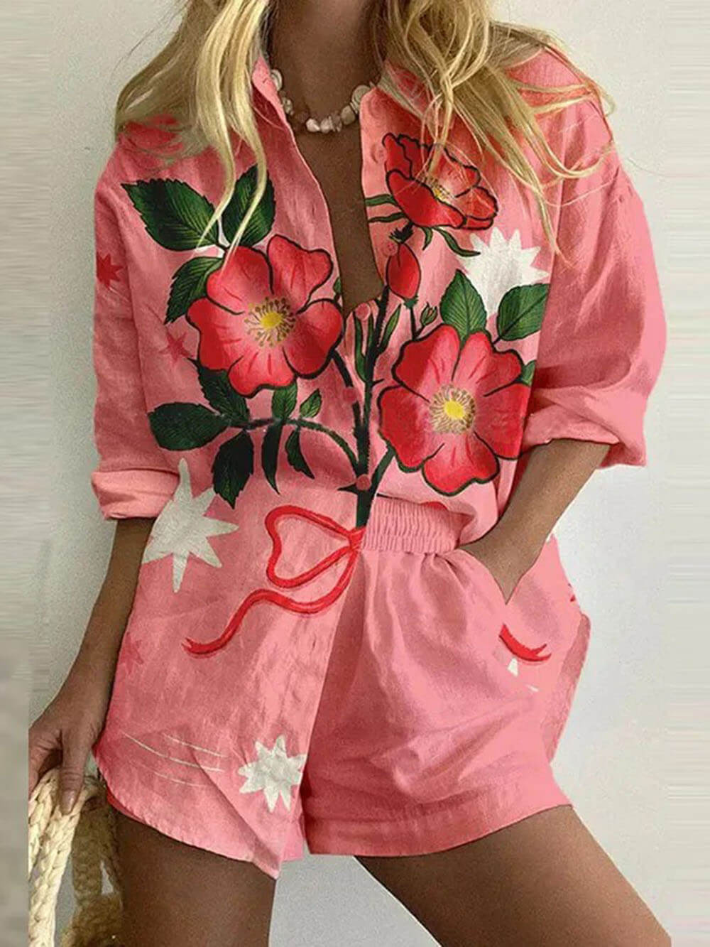 Classic Incredible Lobster Track Print Button Up Lace Up Shorts Set - Threadford