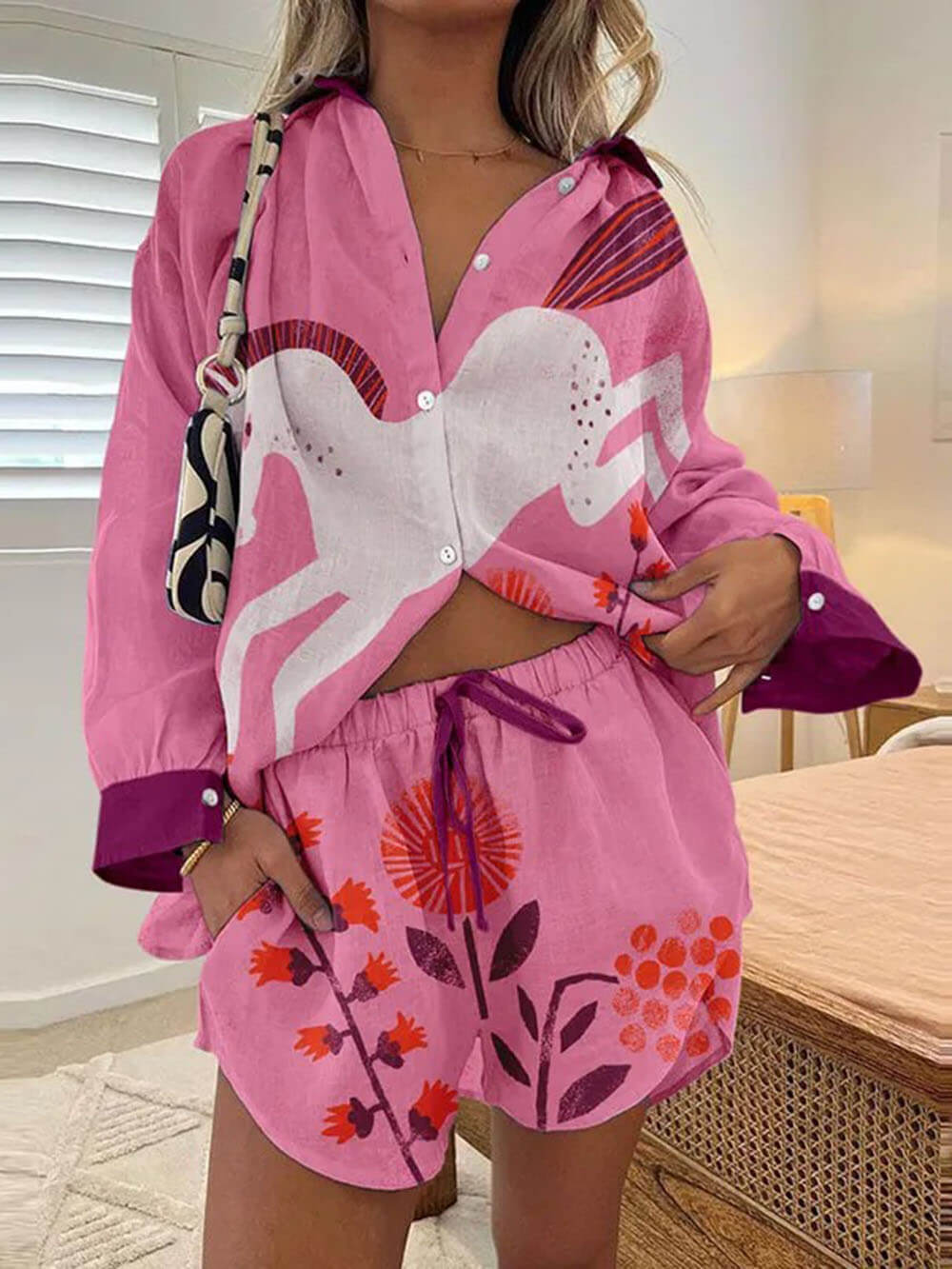 Classic Incredible Lobster Track Print Button Up Lace Up Shorts Set - Threadford