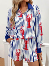 Classic Incredible Lobster Track Print Button Up Lace Up Shorts Set - Threadford