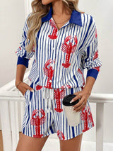 Classic Incredible Lobster Track Print Button Up Lace Up Shorts Set - Threadford
