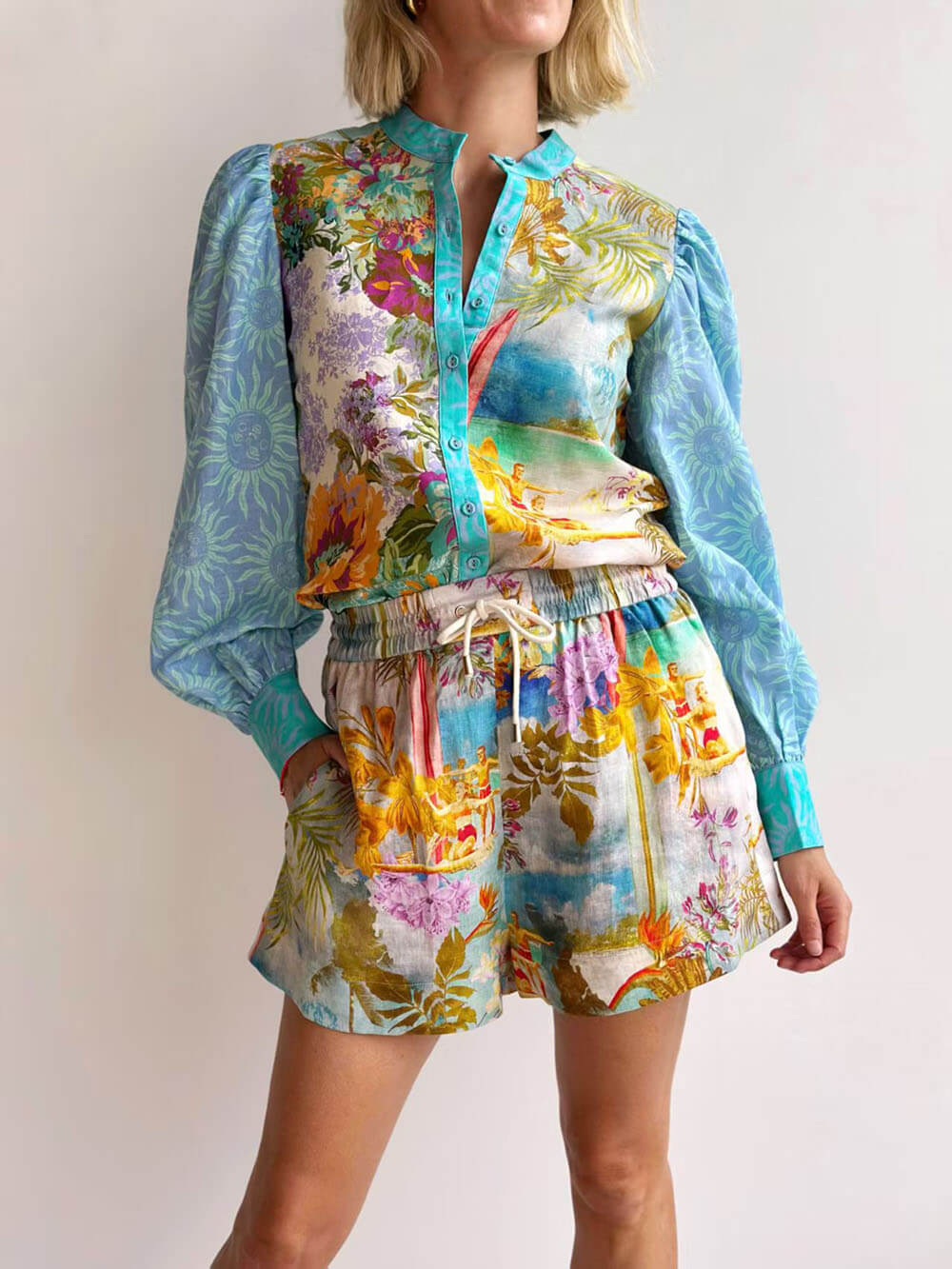 Classic Unique Print Linen Long-Sleeved Shirt And Shorts Set - Threadford