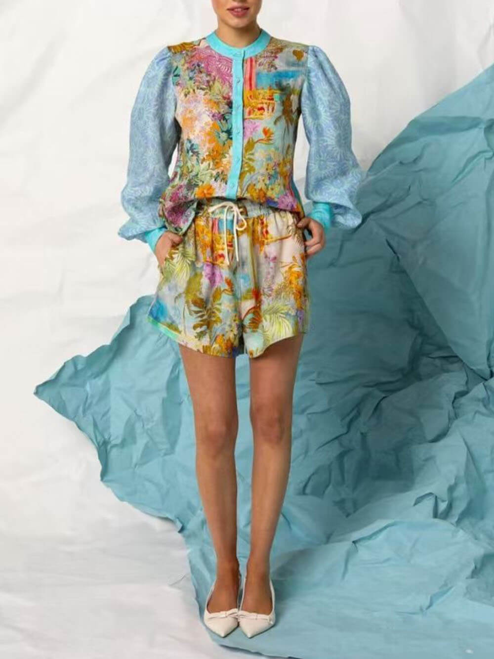 Classic Unique Print Linen Long-Sleeved Shirt And Shorts Set - Threadford
