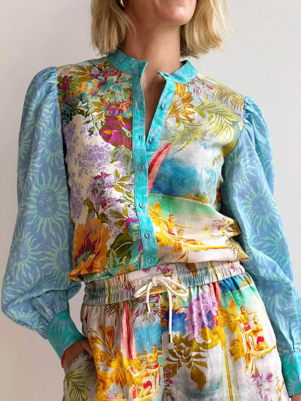 Classic Unique Print Linen Long-Sleeved Shirt And Shorts Set - Threadford