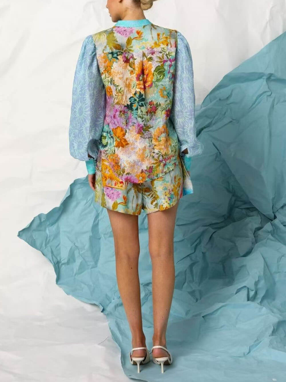 Classic Unique Print Linen Long-Sleeved Shirt And Shorts Set - Threadford