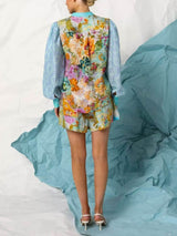 Classic Unique Print Linen Long-Sleeved Shirt And Shorts Set - Threadford
