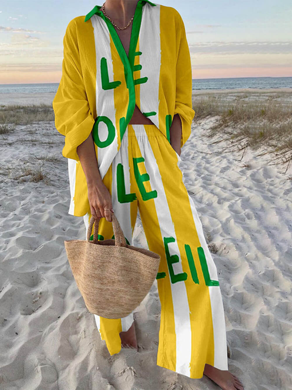 Modern Letter Print Oversized Shirt and Elastic Waist Pocket Pants Set - Threadford