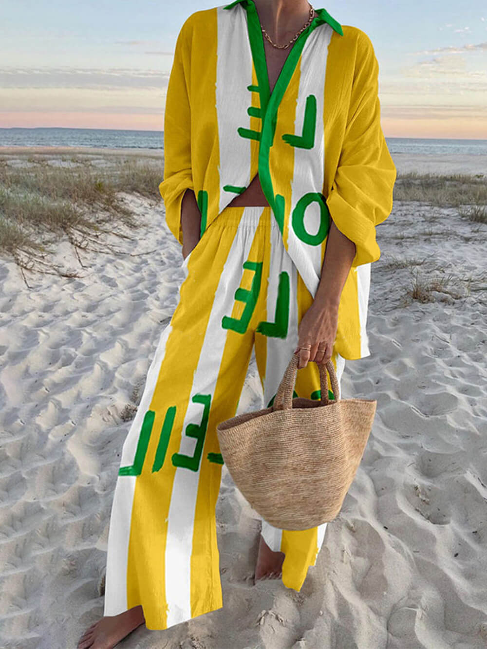 Modern Letter Print Oversized Shirt and Elastic Waist Pocket Pants Set - Threadford