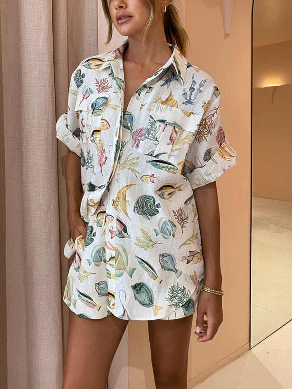 Personalized Fish Print Vacation Short Sleeve Shirt Tie-Dye Shorts Set - Threadford
