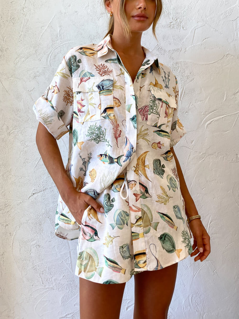 Personalized Fish Print Vacation Short Sleeve Shirt Tie-Dye Shorts Set - Threadford