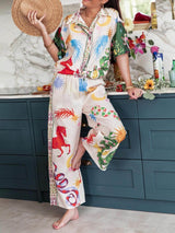 Unique Print Short Sleeve Loose Shirt And Elastic Waist Pants Set - Threadford