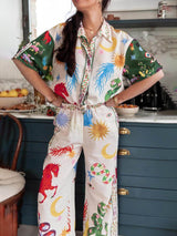 Unique Print Short Sleeve Loose Shirt And Elastic Waist Pants Set - Threadford
