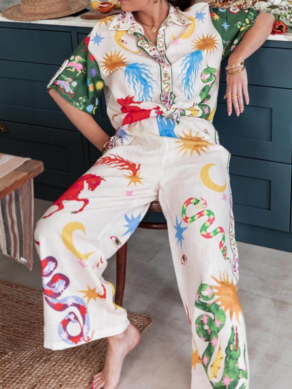 Unique Print Short Sleeve Loose Shirt And Elastic Waist Pants Set - Threadford