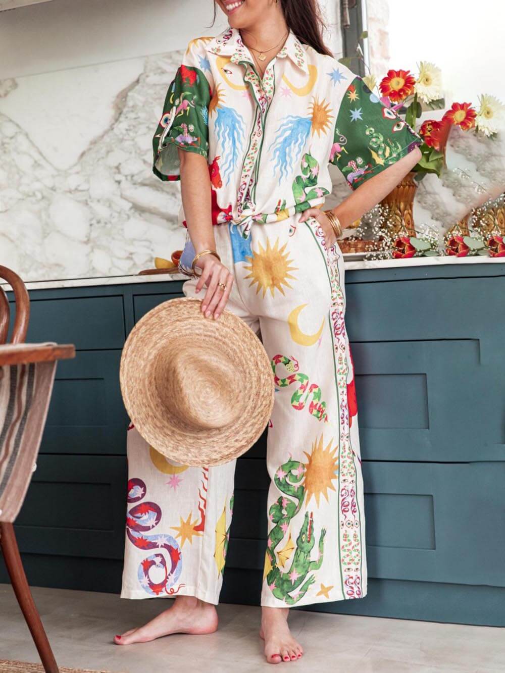 Unique Print Short Sleeve Loose Shirt And Elastic Waist Pants Set - Threadford