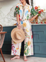 Unique Print Short Sleeve Loose Shirt And Elastic Waist Pants Set - Threadford