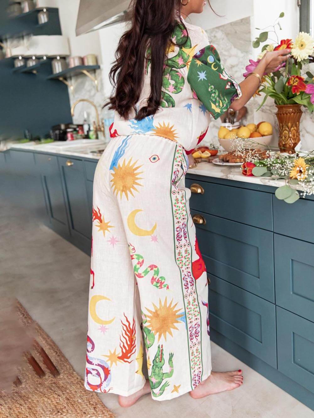 Unique Print Short Sleeve Loose Shirt And Elastic Waist Pants Set - Threadford
