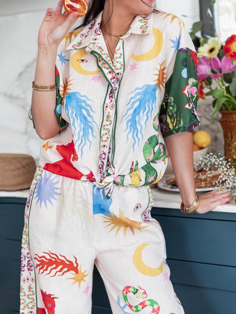 Unique Print Short Sleeve Loose Shirt And Elastic Waist Pants Set - Threadford