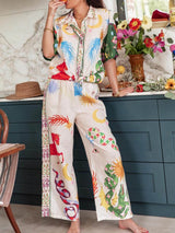 Unique Print Short Sleeve Loose Shirt And Elastic Waist Pants Set - Threadford