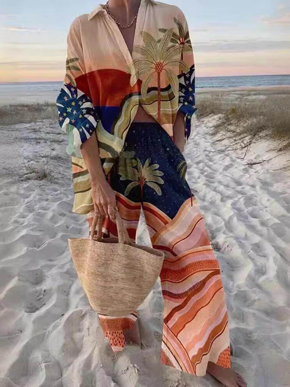 Unique Print Sunset Palms Relaxed Two-Piece Set - Threadford