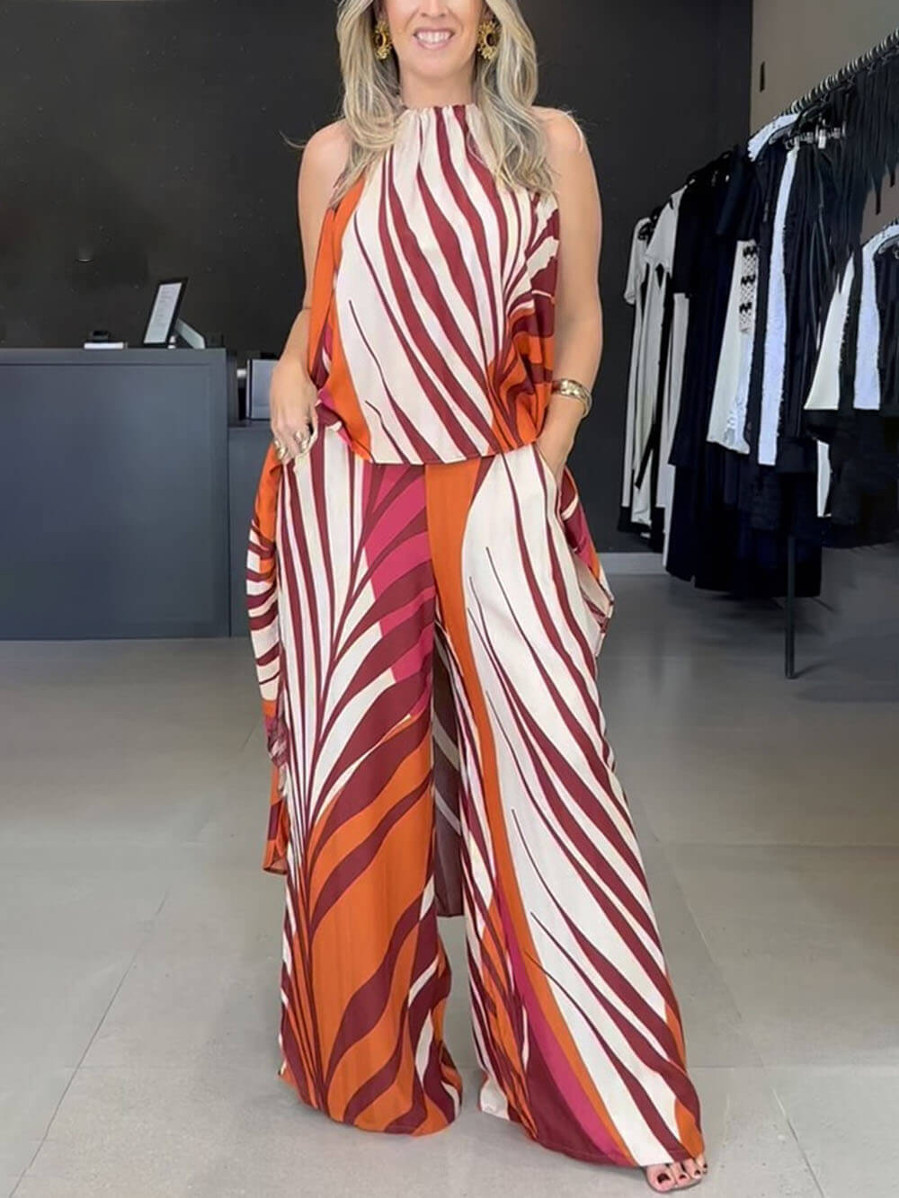 Fashionable Unique Positioning Print Long Sleeveless Top Wide Leg Pants Set - Threadford