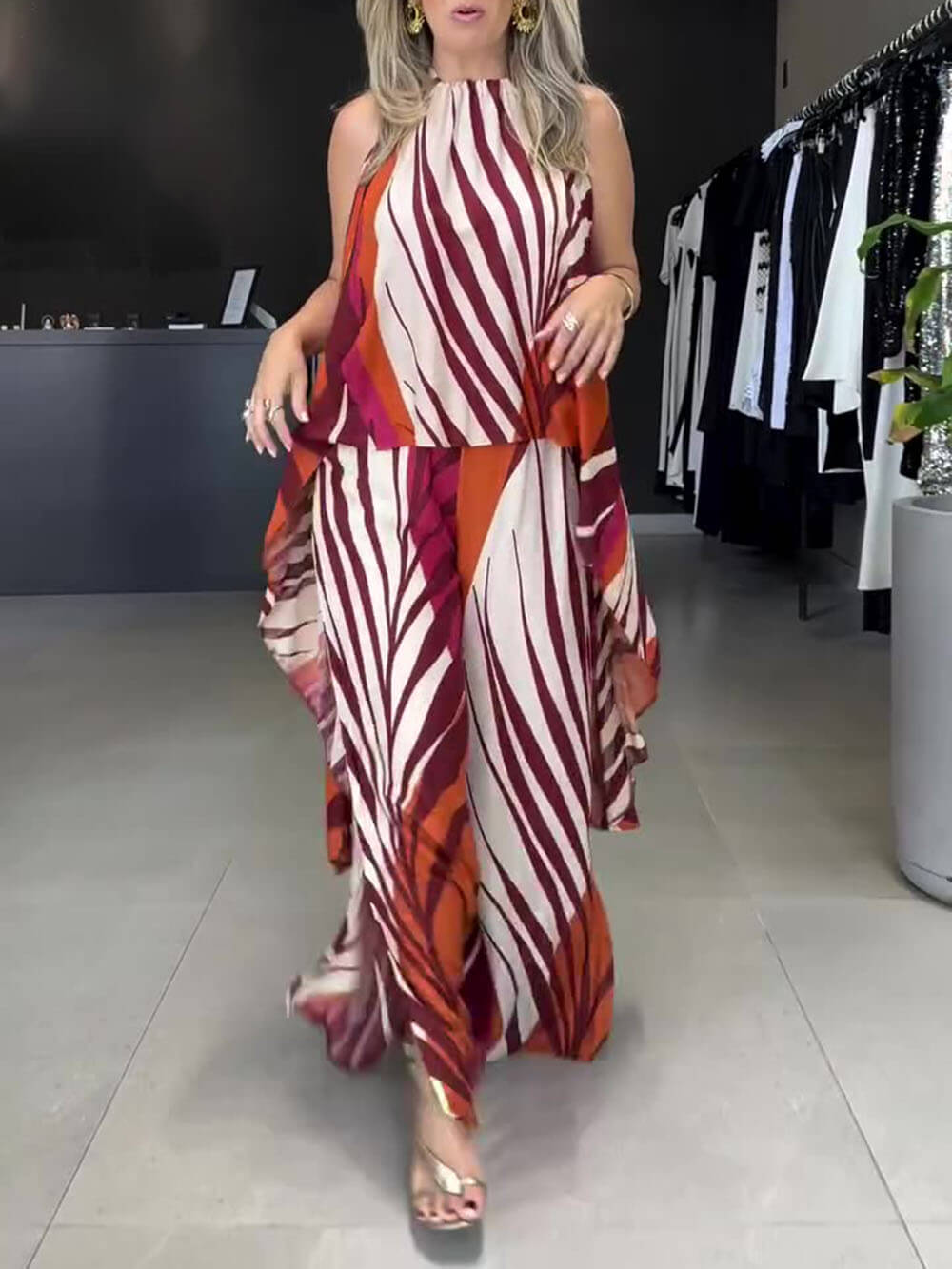 Fashionable Unique Positioning Print Long Sleeveless Top Wide Leg Pants Set - Threadford