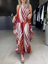 Fashionable Unique Positioning Print Long Sleeveless Top Wide Leg Pants Set - Threadford
