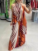 Fashionable Unique Positioning Print Long Sleeveless Top Wide Leg Pants Set - Threadford