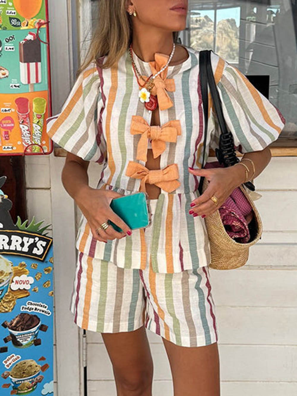 Striped Knotted Puff Sleeve Top and Elastic Waist Pocket Shorts Set - Threadford