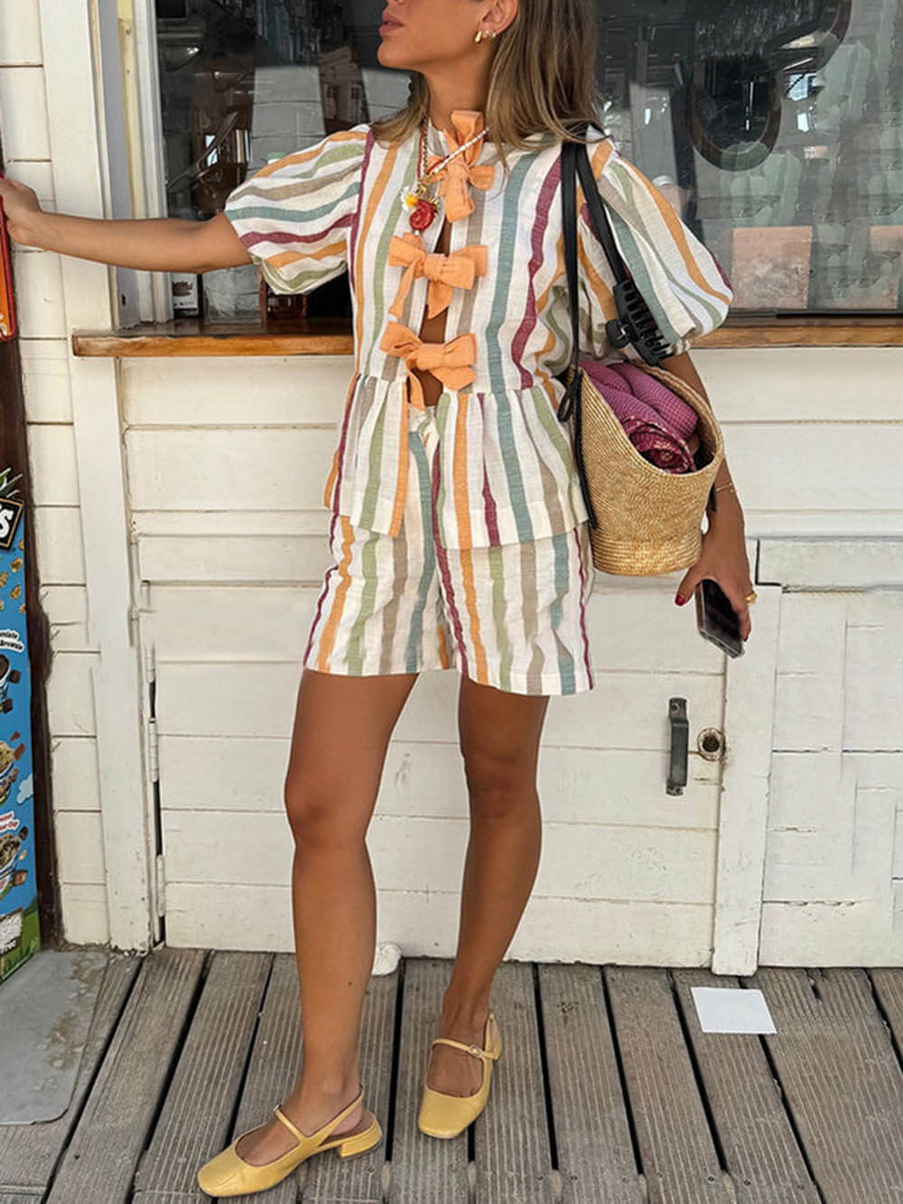 Striped Knotted Puff Sleeve Top and Elastic Waist Pocket Shorts Set - Threadford