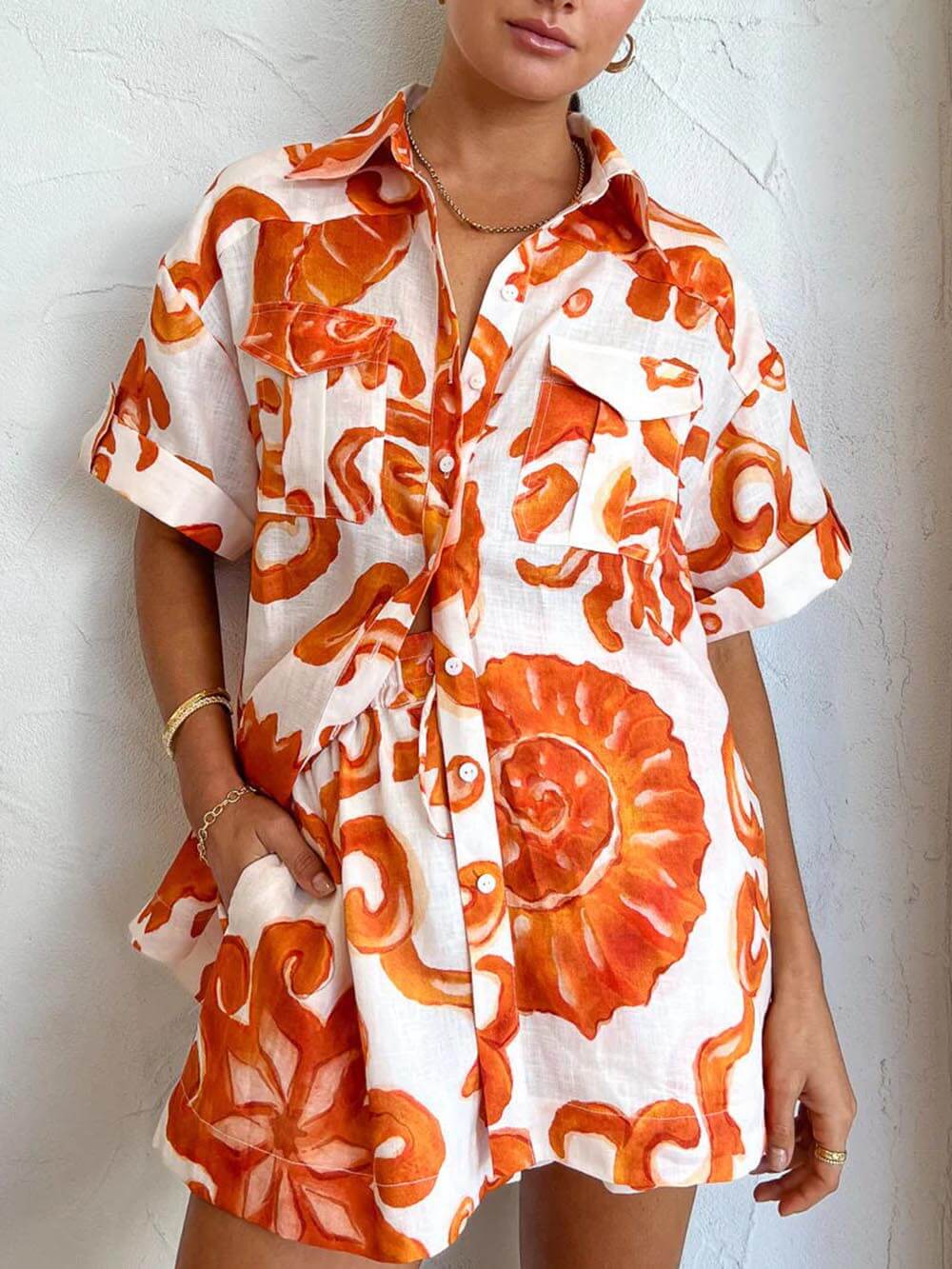 Unique Printed Shorts Lapel Loose Shirt Set - Threadford