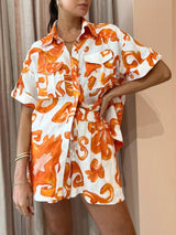 Unique Printed Shorts Lapel Loose Shirt Set - Threadford