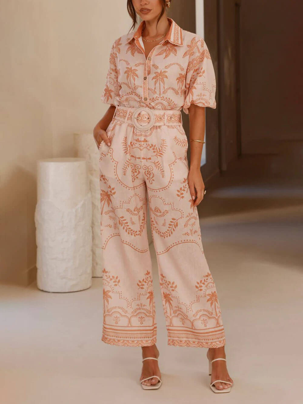 Casual Temperament Printed Linen Short-Sleeved Top With Belt And Straight Pants Set - Threadford