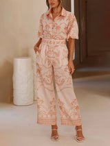 Casual Temperament Printed Linen Short-Sleeved Top With Belt And Straight Pants Set - Threadford