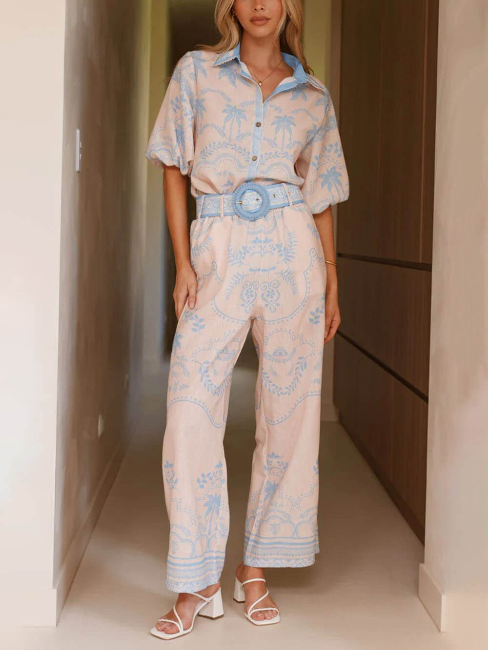Casual Temperament Printed Linen Short-Sleeved Top With Belt And Straight Pants Set - Threadford