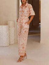 Casual Temperament Printed Linen Short-Sleeved Top With Belt And Straight Pants Set - Threadford