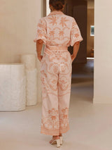 Casual Temperament Printed Linen Short-Sleeved Top With Belt And Straight Pants Set - Threadford