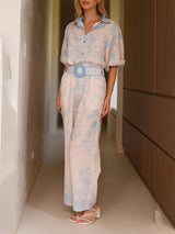 Casual Temperament Printed Linen Short-Sleeved Top With Belt And Straight Pants Set - Threadford