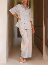Casual Temperament Printed Linen Short-Sleeved Top With Belt And Straight Pants Set - Threadford