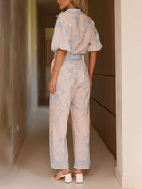 Casual Temperament Printed Linen Short-Sleeved Top With Belt And Straight Pants Set - Threadford
